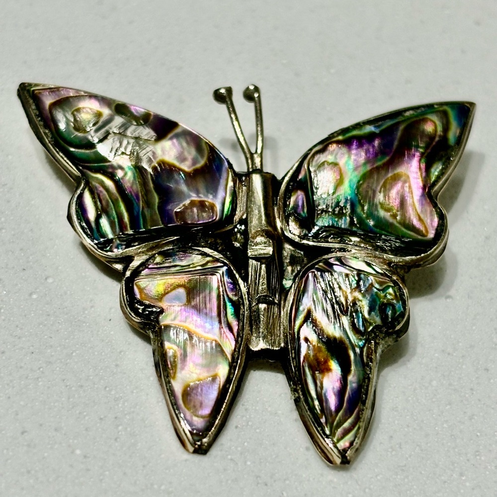 Vintage Alpaca Mexico Silver Avalone Iridescent Butterfly Brooch